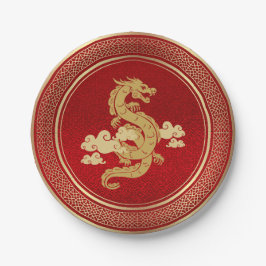 Chinesischer Neujahrsgolddrache und Roter Faden Pappteller