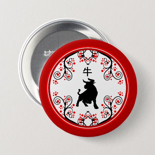 Chinesischer Neujahrsox mit roten Blüten Button (Vorne & Hinten)
