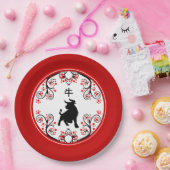Chinesischer Neujahrsox mit roten Blüten Pappteller (Party)