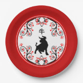 Chinesischer Neujahrsox mit roten Blüten Pappteller (Vorderseite)