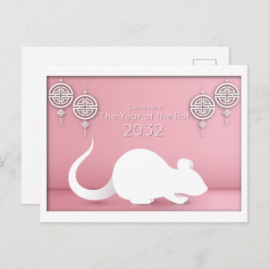 Chinesischer Neujahrspapier Cut Rat, rosa Postkarte (Vorne/Hinten)