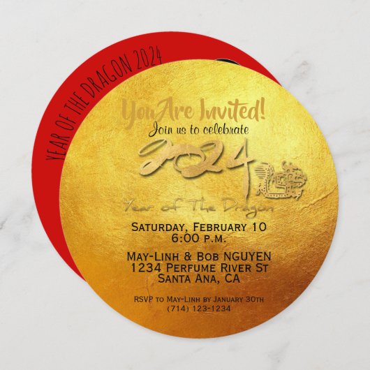 Chinesischer Neujahrsroter Goldener Drache 2024 RI Einladung (Vorne/Hinten)