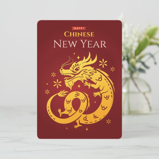 Chinesischer Neujahrsroter goldfarbener Drache auf Einladung (Stehend Vorderseite)