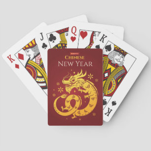 Chinesischer Neujahrsroter goldfarbener Drache auf Spielkarten