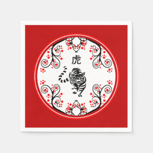Chinesischer Neujahrstiger mit roten Blüten Serviette