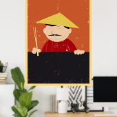 Chinesischer oder vietnamesischer Koch mit Plakat (Heimbüro)