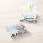 "Chinesischer Palast mit Sakura-Bäumen - Eleganter Glasuntersetzer (Schrägansicht)