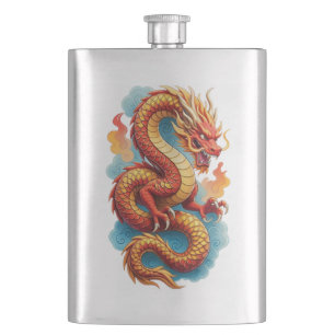 Chinesischer roter Drache feurige Illustration-675 Flachmann