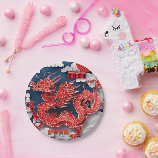 Chinesischer Roter Drache Neujahr 2024 mit Papiers Pappteller (Party)