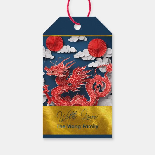 Chinesischer Roter Drache Neujahr 2024 Papierschni Geschenkanhänger (Rückseite)