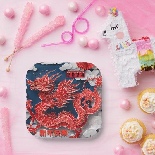 Chinesischer Roter Drache Neujahr 2024 Papierschni Pappteller (Party)
