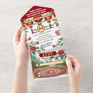 Chinesischer roter Laternen-Alte-Architektur-Braut All In One Einladung