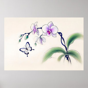Chinesischer Schmetterling auf Orchid Poster