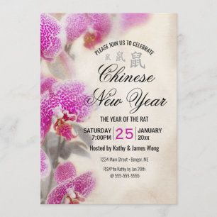 Chinesischer Silvester Rat Floral Pink Orchid Einladung