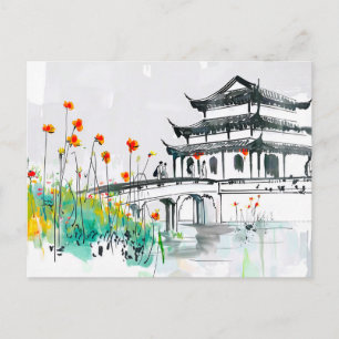 Chinesischer Tempel an einem blühenden Teich Postkarte