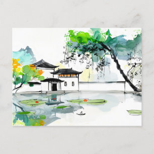 Chinesischer Tempel an einem Lotus-Teich Postkarte
