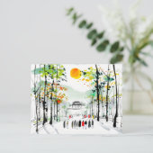 Chinesischer Tempel zwischen Bäumen bei Sonnenunte Postkarte (Stehend Vorderseite)