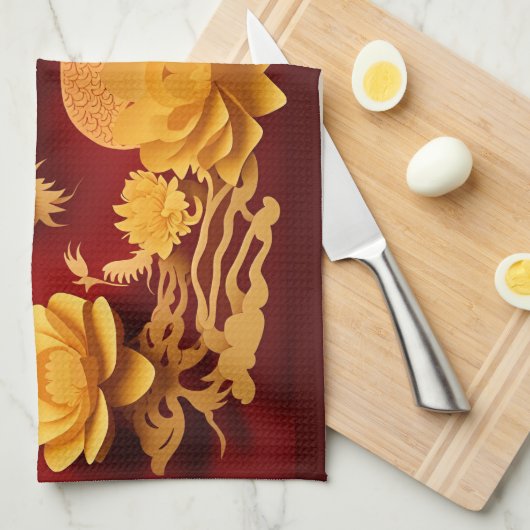 Chinesischer und Vietnamesischer Holzdrache Jahr 2 Geschirrtuch (Viertel Falte)