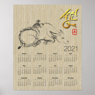 Chinesischer Wasserbüffel-Ochse Neujahrskalender Poster