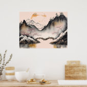 Chinesischer Winter-Fluss mit Wasserfarbe und Berg Poster (Küche)