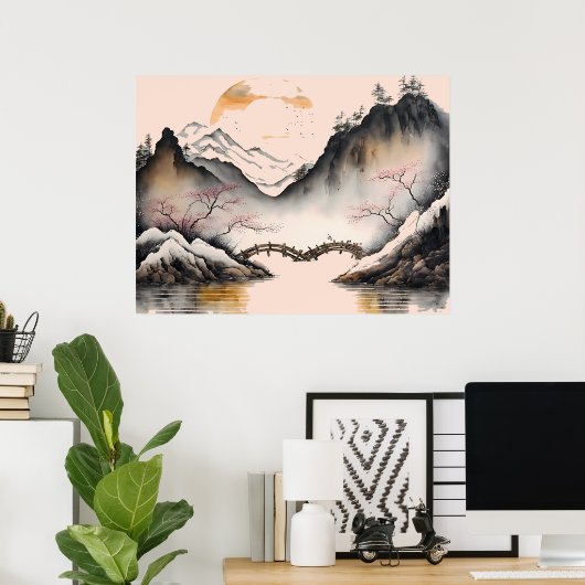 Chinesischer Winter-Fluss mit Wasserfarbe und Berg Poster (Heimbüro)