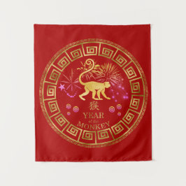 Chinesischer Zodiac-Affenrot/Gold-ID542 Wandteppich