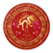 Chinesischer Zodiac Dragon Red/Gold ID542 Keramikknauf (Vorderseite)