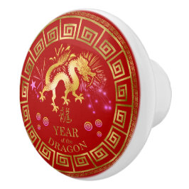 Chinesischer Zodiac Dragon Red/Gold ID542 Keramikknauf