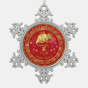 Chinesischer Zodiac Rat Red/Gold ID542 Schneeflocken Zinn-Ornament