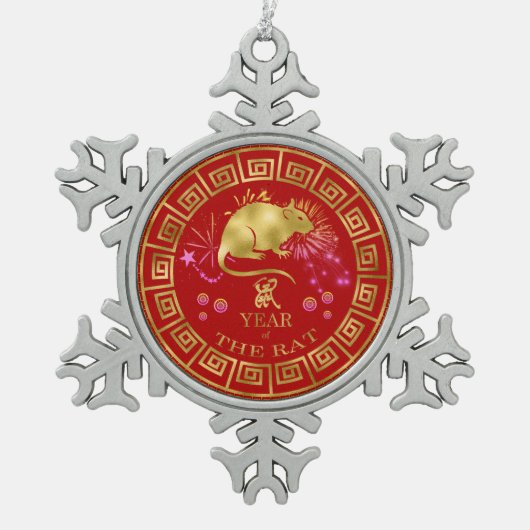 Chinesischer Zodiac Rat Red/Gold ID542 Schneeflocken Zinn-Ornament (Vorderseite)