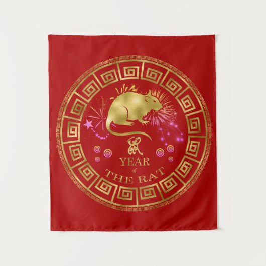 Chinesischer Zodiac Rat Red/Gold ID542 Wandteppich (Vorderseite)