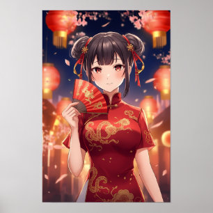 Chinesisches Anime-Mädchen rotes Cheongsam Art Poster