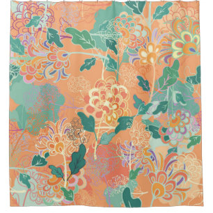 Chinesisches Chrysanthemum: Blumenorange Muster. Duschvorhang