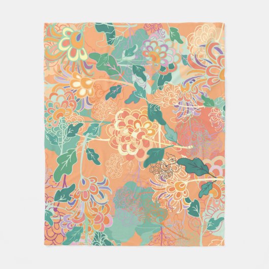 Chinesisches Chrysanthemum: Blumenorange Muster. Fleecedecke (Vorderseite)