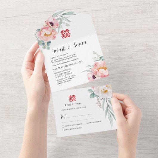 Chinesisches doppeltes Glück in einer Hochzeit ein All In One Einladung (Abreißen)