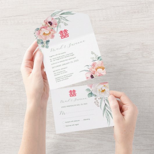 Chinesisches doppeltes Glück in einer Hochzeit ein All In One Einladung (Abreißen)