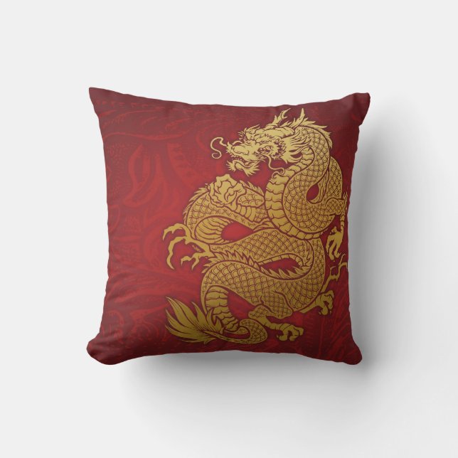 Chinesisches Drache-Gold und Rot Kissen (Vorderseite)