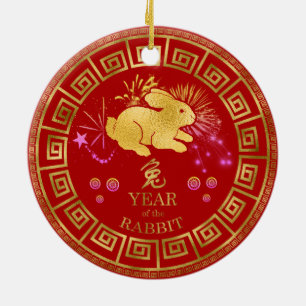 Chinesisches Kaninchen Rot/Gold-ID542 Keramik Ornament