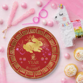 Chinesisches Kaninchen Rot/Gold-ID542 Pappteller (Party)