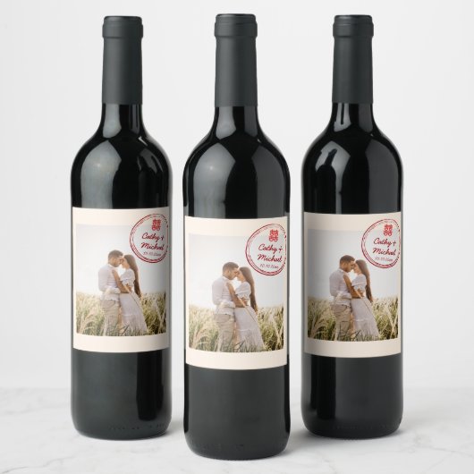 Chinesisches Logo für ein paar Fotos Hochzeits-Bri Weinetikett (Flaschen)