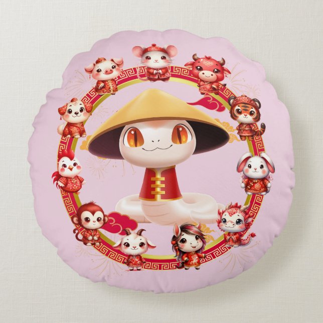 Chinesisches Lunar-Neujahrsschlangen-Design 3 Rundes Kissen (Vorderseite)