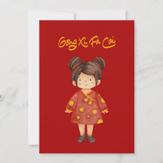 Chinesisches Mädchen mit Bun Hair Gong Xi Fa Cai Feiertagskarte