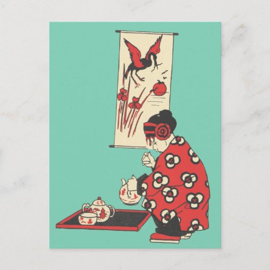 Chinesisches Mädchen mit Tea Illustration Postkart Postkarte (Vorderseite)