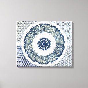 Chinesisches Medaillon: Indigoblaue Chinoiserie Leinwanddruck