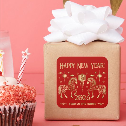 Chinesisches neues Jahr des Pferdes 2026 Quadratischer Aufkleber (Party)