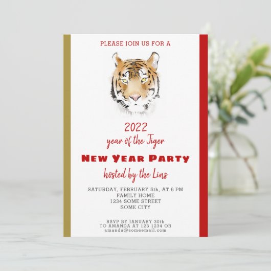 Chinesisches Neujahr 2022 Tiger Watercolor-Party Einladung (Stehend Vorderseite)
