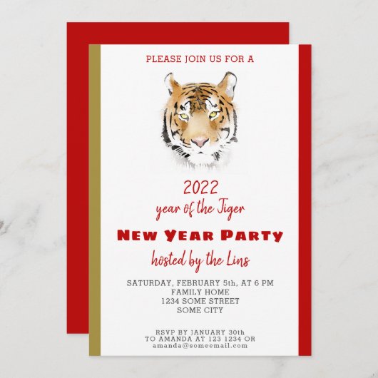 Chinesisches Neujahr 2022 Tiger Watercolor-Party Einladung (Vorne/Hinten)