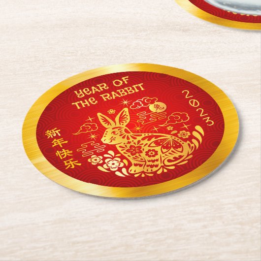 Chinesisches Neujahr 2023 Gold Foil Rabbit Red Mod Runder Pappuntersetzer (Angewinkelt)