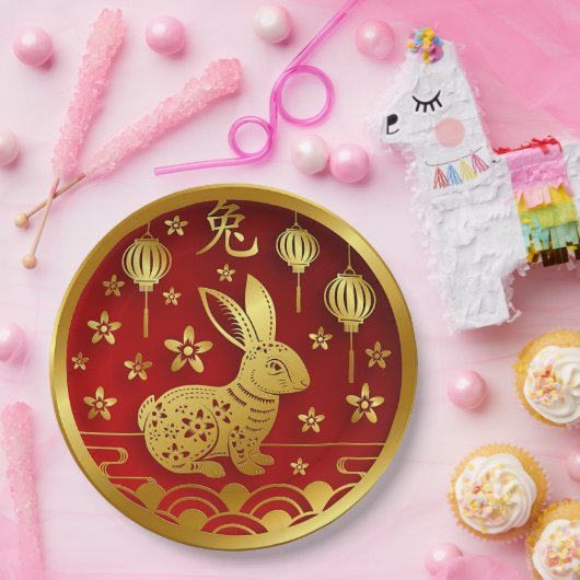Chinesisches Neujahr 2023 Jahr Rabbit Red Gold 9" Pappteller (Party)