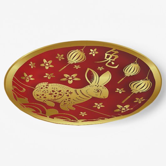 Chinesisches Neujahr 2023 Jahr Rabbit Red Gold 9" Pappteller (Schrägansicht)